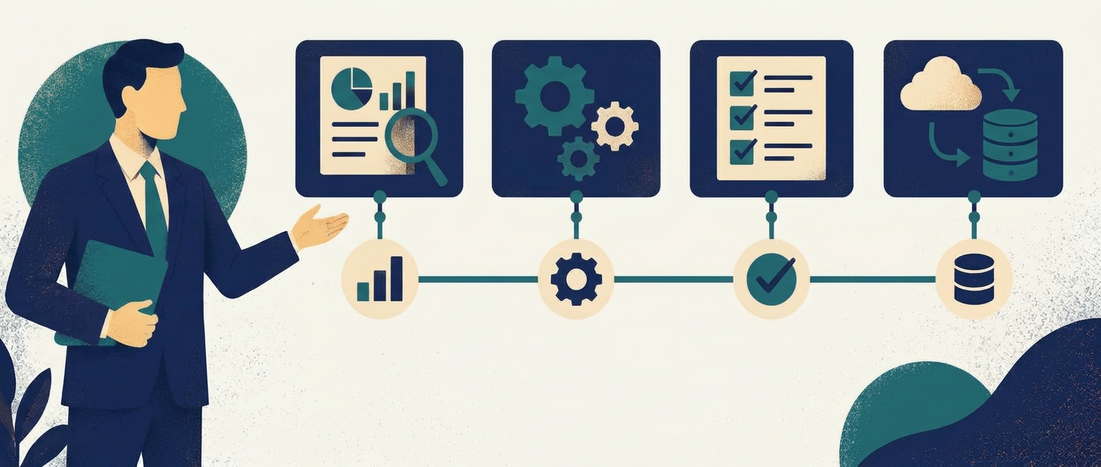 Consultora trabajando con paneles de análisis, configuración, validación y datos asistidos por inteligencia artificial