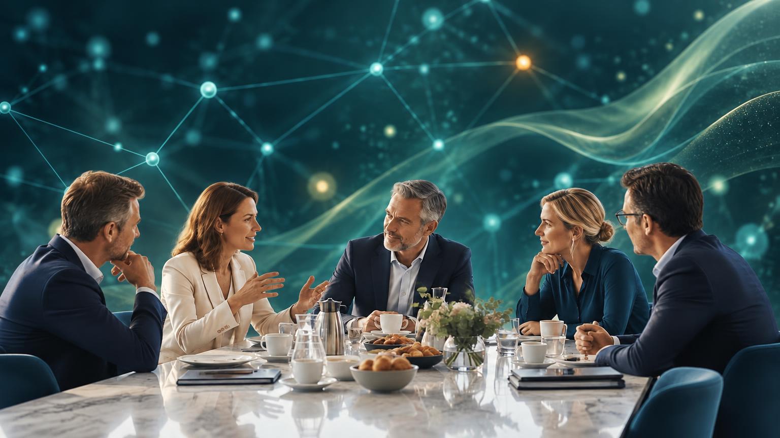 Grupo de profesionales conversando alrededor de una mesa durante el desayuno ejecutivo