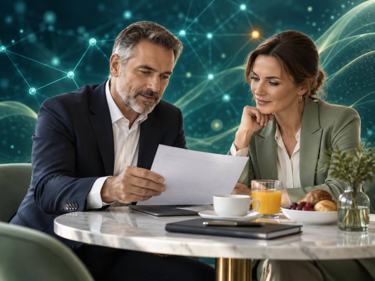 Dos ejecutivos revisando información juntos durante el desayuno de trabajo