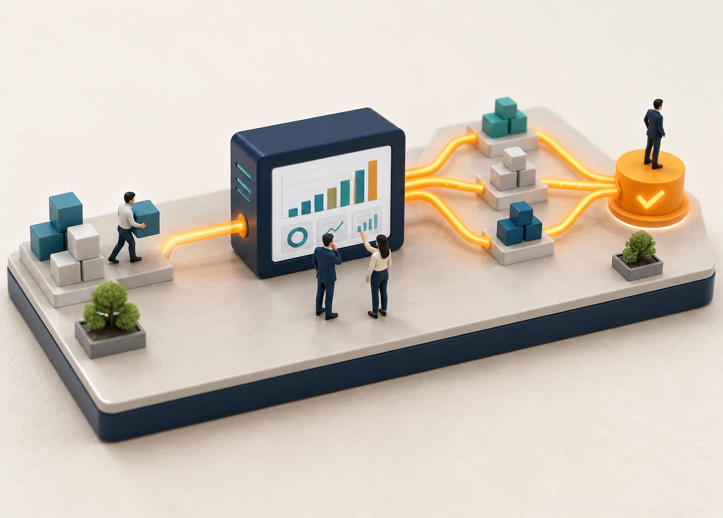 Maqueta 3D del proceso: datos que se calculan, se ven en un dashboard, se abren en escenarios y llegan a una decisión