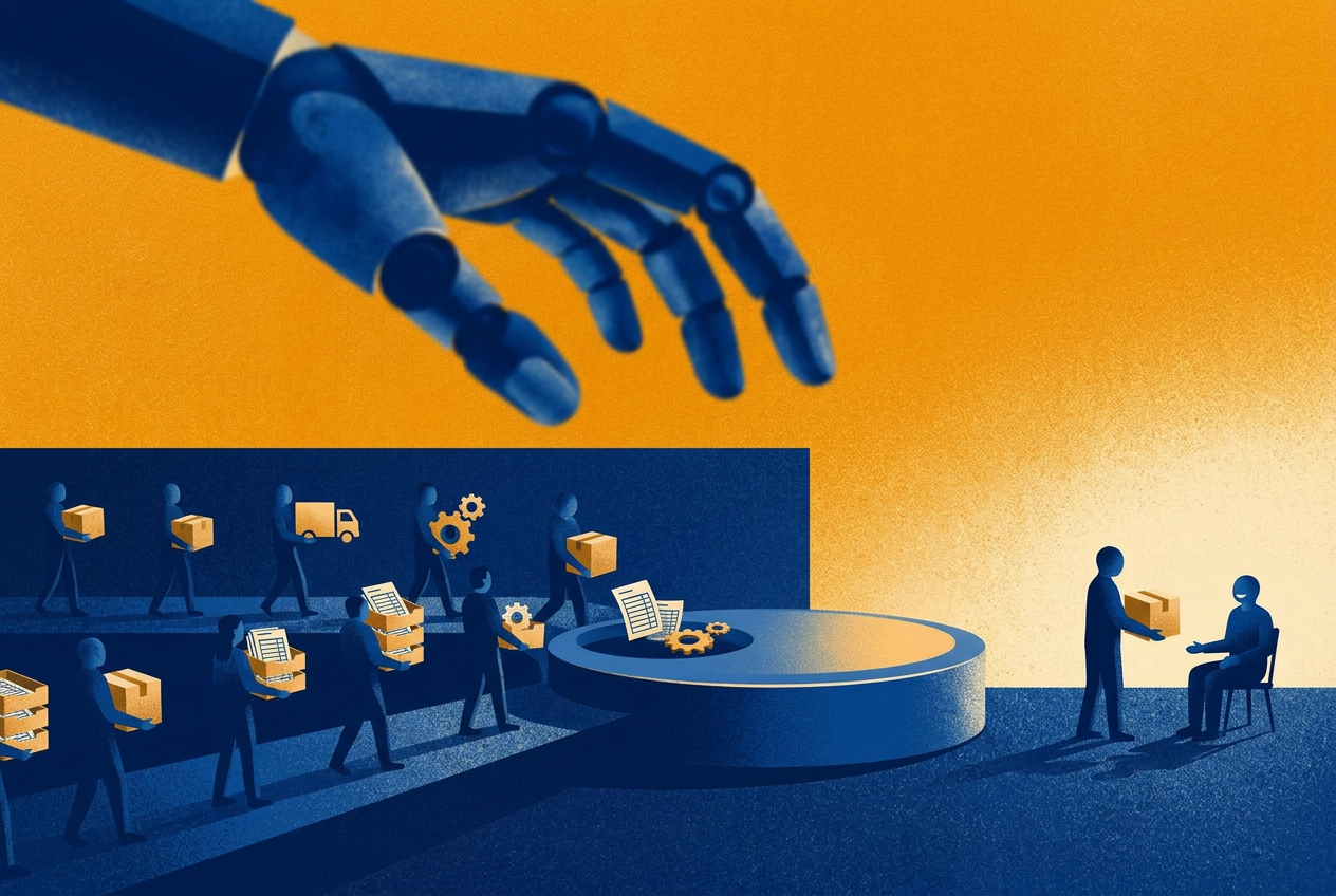 Ilustración de trabajadores que llevan procesos dispersos a una sola plataforma para atender mejor al cliente